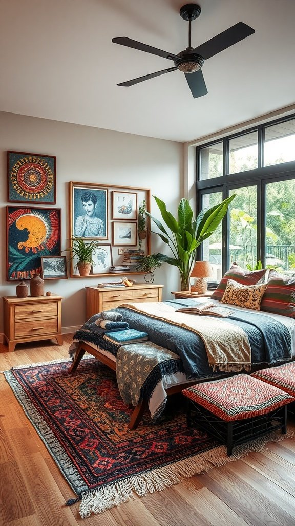 A bohemian-style master bedroom featuring eclectic decor, a large bed with colorful throws, vibrant artwork, and green plants.