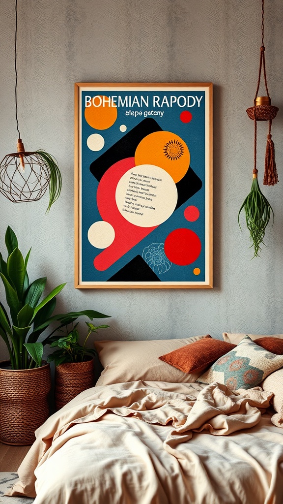 Bohemian Rhapsody poster in a boho themed bedroom with natural decor elements