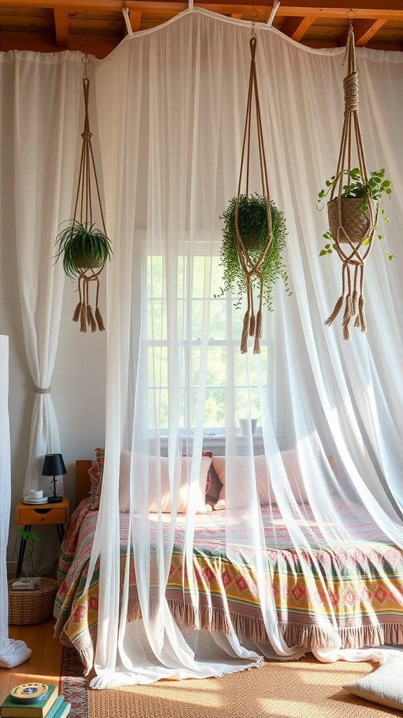 A cozy Bohemian-style bedroom with a canopy over the bed and hanging plants.