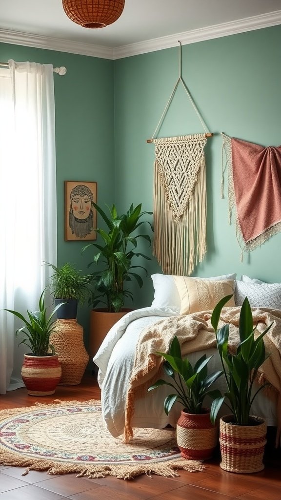 A cozy Bohemian seafoam bedroom featuring plants, macramé wall art, and soft bedding.