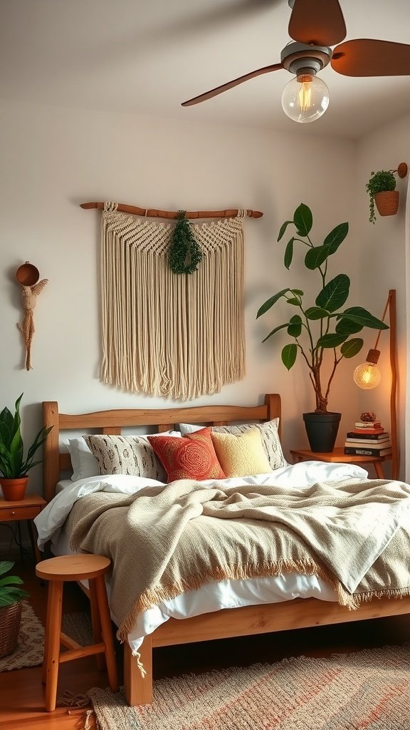 Cozy boho-chic guest bedroom with wooden bed, colorful pillows, macramé wall hanging, and indoor plants.