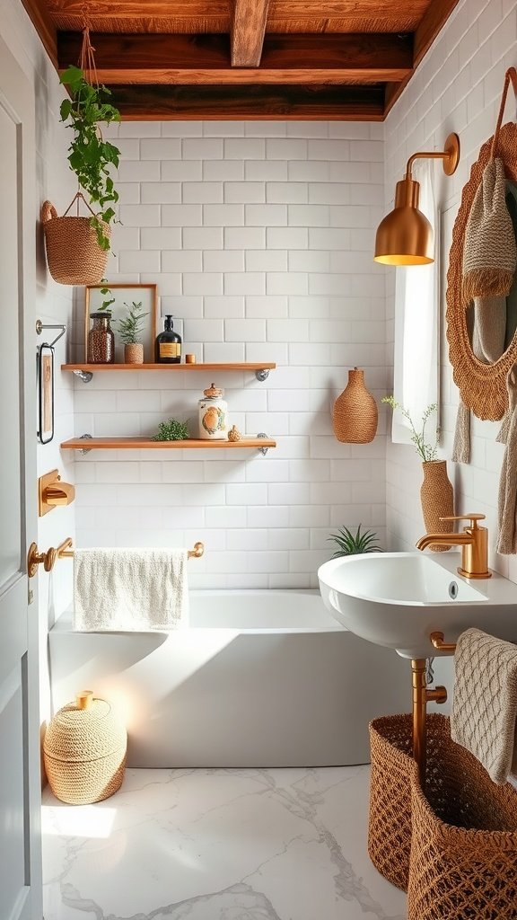 A small bathroom featuring marble flooring and brass accessories, with white tiled walls and natural decor elements.