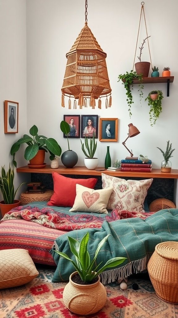 A cozy bohemian bedroom with colorful throws, cushions, hanging plants, and eclectic decor.