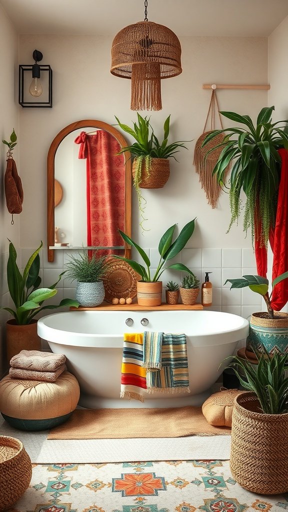 A cozy Boho-style bathroom featuring a freestanding tub, plants, woven decor, and colorful textiles.