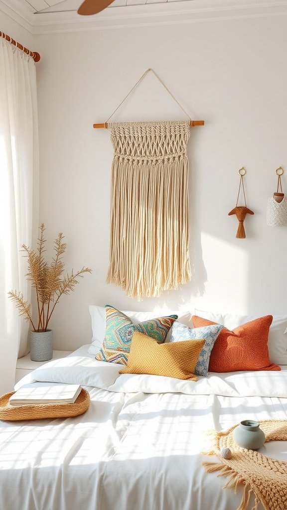 A bright and airy Boho beach house bedroom featuring white bedding, colorful pillows, and macramé wall decor.