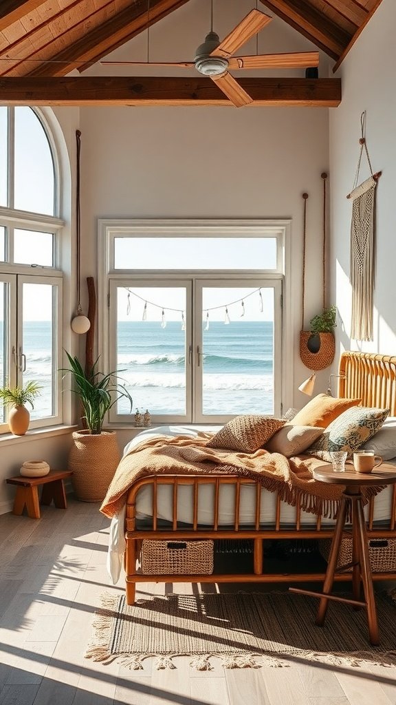 A bohemian-style bedroom with large windows overlooking the ocean, featuring a rattan bed, wooden beams, and potted plants.