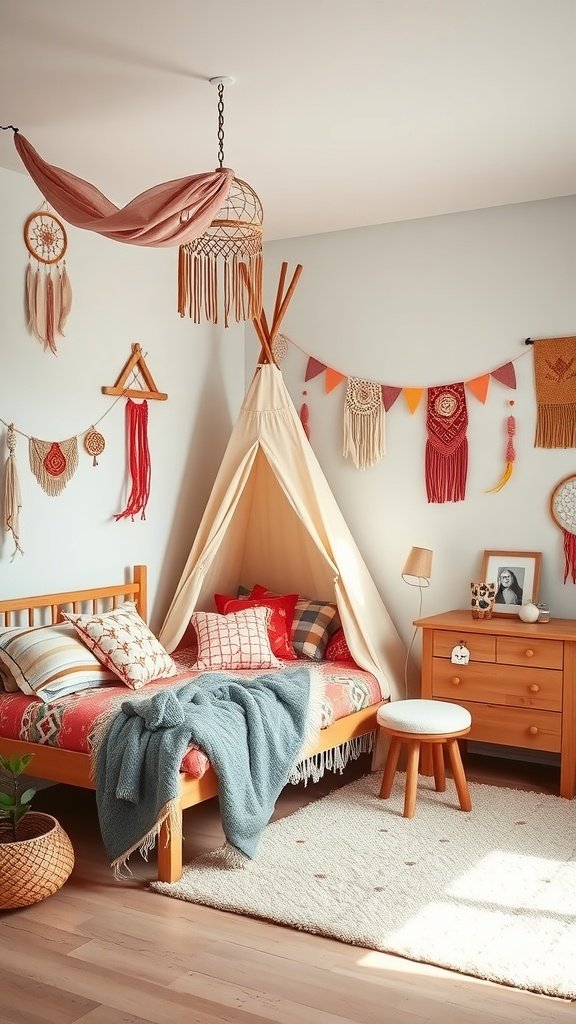 A cozy boho-style kids bedroom featuring a teepee, colorful bedding, and playful decor.
