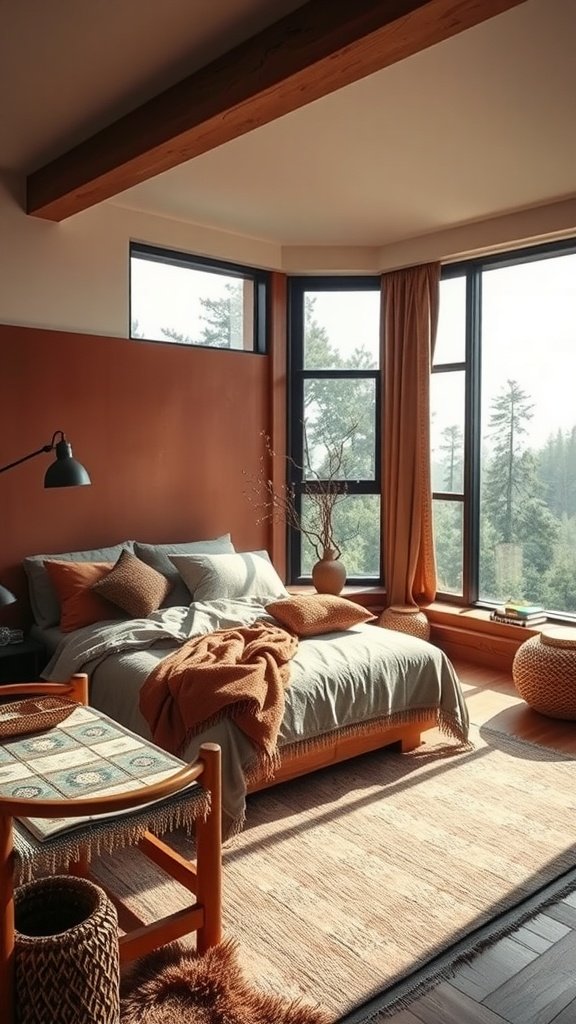A cozy boho bedroom featuring large windows with a scenic view, rustic wood beams, and warm color tones.