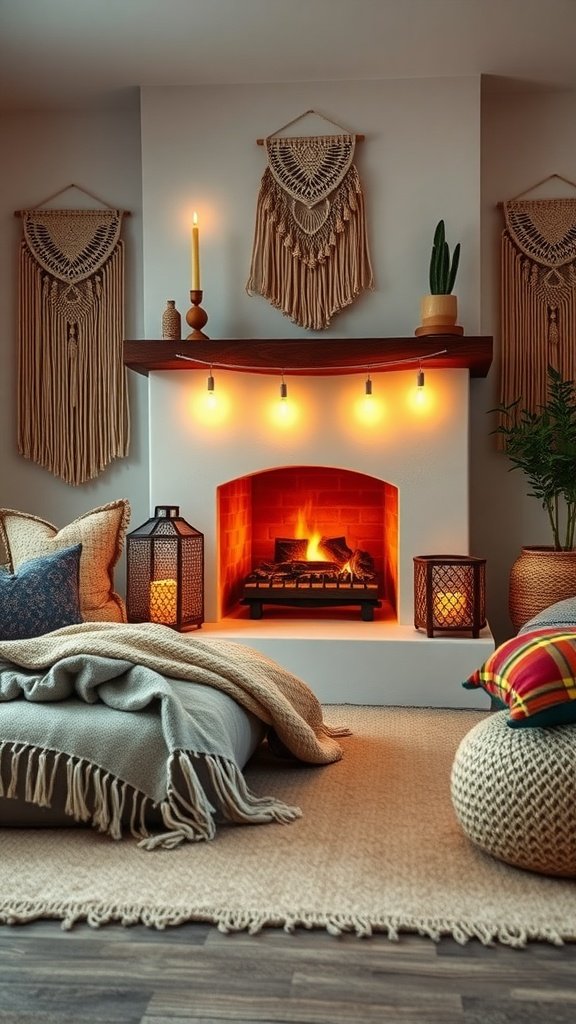 A cozy boho bedroom featuring a fireplace, macramé wall hangings, soft blankets, and a warm atmosphere.