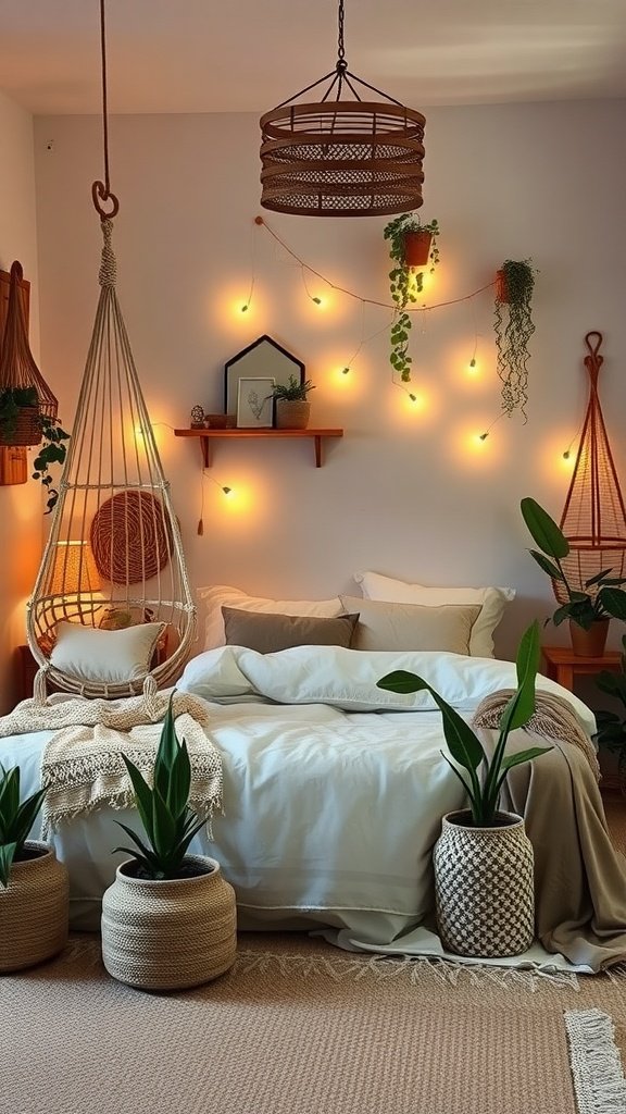 A cozy boho bedroom featuring a hanging chair, soft bedding, plants, and warm lighting.
