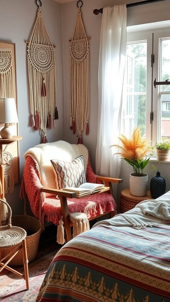 A cozy boho bedroom featuring a reading nook with a soft chair, macramé wall hangings, and potted plants.