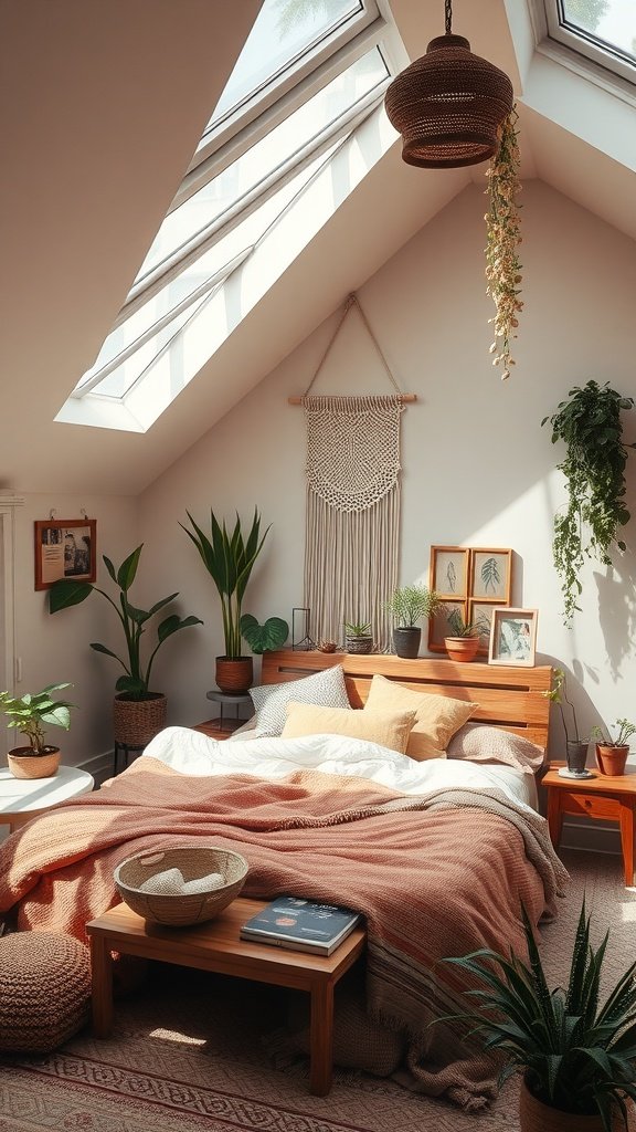 A cozy boho bedroom featuring skylights, plants, and rustic wooden furniture.