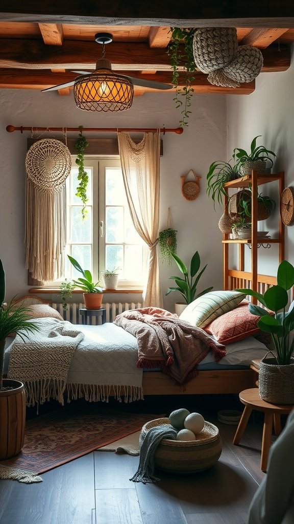 A cozy bohemian-style bedroom with plants, warm-colored blankets, and natural decor.