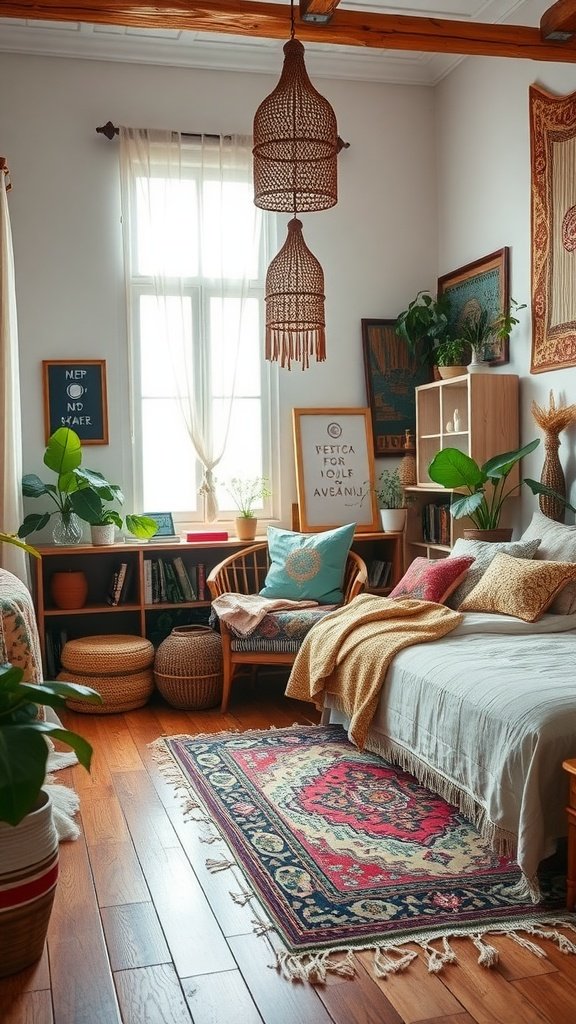 A cozy bohemian bedroom with plants, colorful pillows, and a patterned area rug.