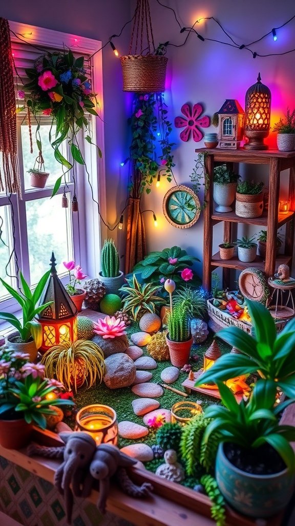 A cozy boho-style fairy garden with colorful lights and lush plants.