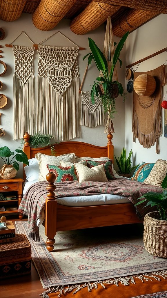 Cozy bohemian style bedroom with wooden bed, macramé wall hangings, and plants
