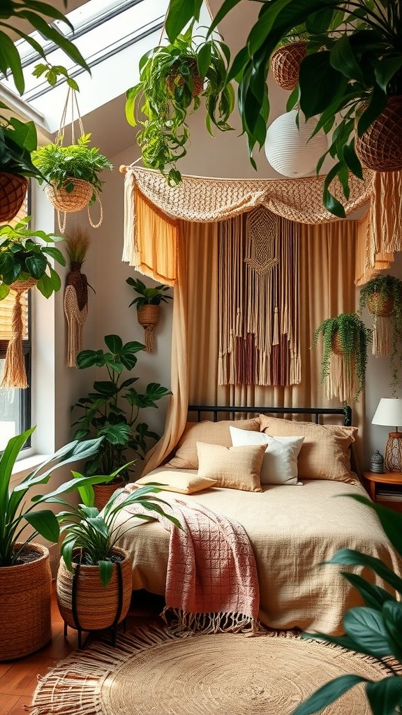 A cozy bohemian bedroom filled with plants, featuring a bed with earthy tones, macramé wall hangings, and a jute rug.