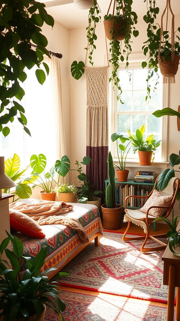 A bohemian-style bedroom featuring an array of plants, colorful bedding, and natural light.