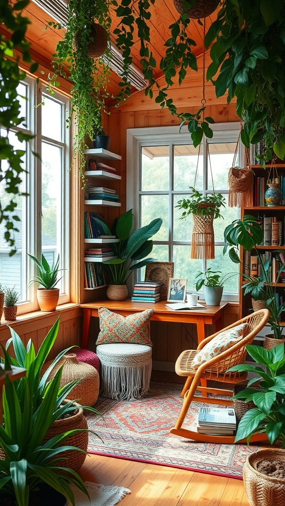 A cozy boho chic office with plants, wooden walls, and stylish furniture.