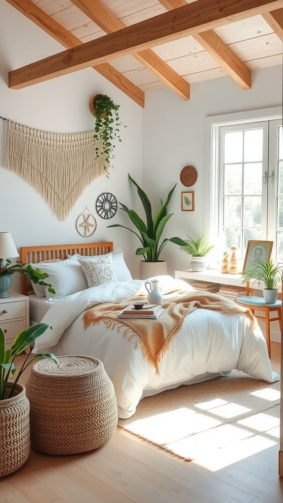 A beautifully decorated Boho bedroom featuring a cozy bed, wooden beams, and plant decor.