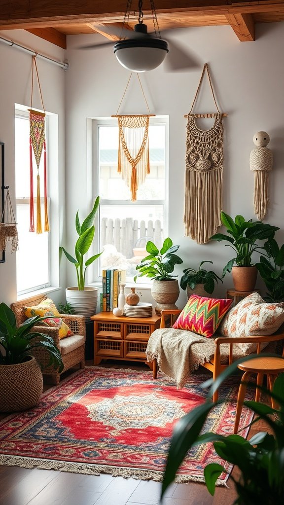 A cozy Boho-inspired living room corner with plants, macramé wall hangings, and colorful textiles.