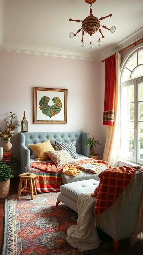 Cozy boho-style bedroom featuring a gray tufted couch with colorful pillows, a vibrant blanket, and a decorative rug, with plants and art adding a warm feel.