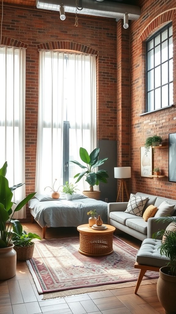 A cozy boho industrial loft featuring brick walls, large windows, a bed with light linens, a stylish couch, and lush indoor plants.