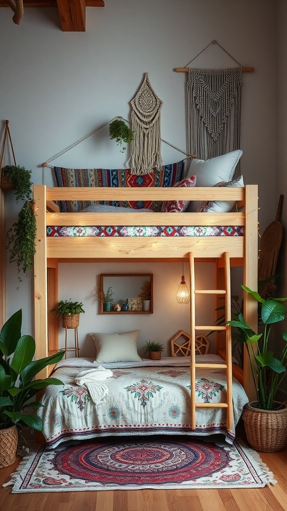 A cozy Boho loft bed with colorful cushions on top, and a relaxed sleeping area below, surrounded by plants and macramé decorations.