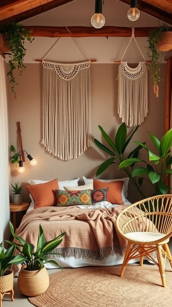 A cozy boho style bedroom with macramé wall hangings, a comfortable bed, and lush plants.