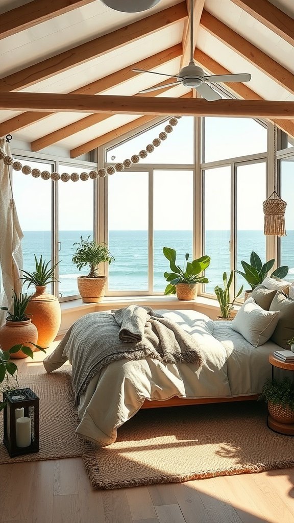 Bright and airy bedroom with ocean view, featuring natural wood beams, soft bedding, and potted plants.