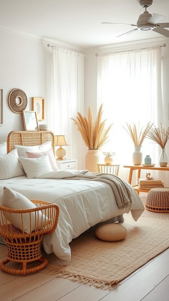 A bright boho bedroom featuring a cozy bed, rattan furniture, and natural decor elements.