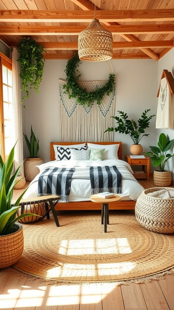 A cozy Boho bedroom featuring wooden beams, lush plants, and seagrass decor.