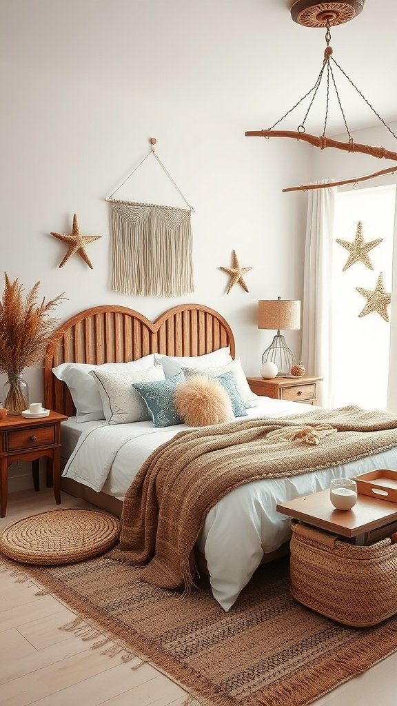 A cozy bohemian bedroom featuring a wooden headboard, starfish wall decor, and warm earthy tones