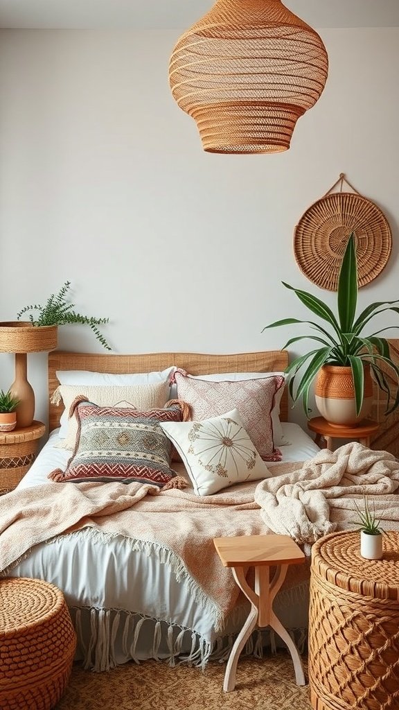 A cozy boho bedroom featuring woven accents, layered bedding, and potted plants.