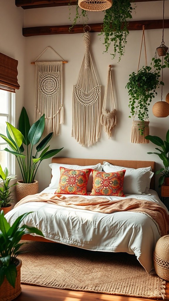 Luxurious boho bedroom with macramé wall hangings, colorful pillows, and indoor plants