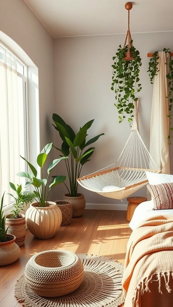 A cozy boho style bedroom with a hammock, plants, and warm tones.