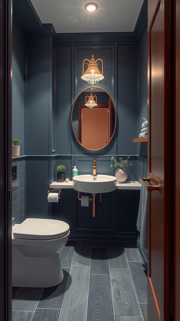 A small bathroom with deep blue walls, elegant lighting, and a stylish sink.
