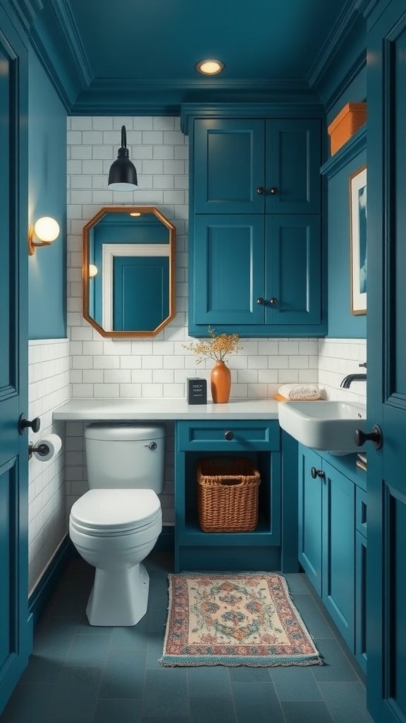 A small bathroom featuring bold blue cabinetry, white subway tiles, modern lighting, and a cozy rug.