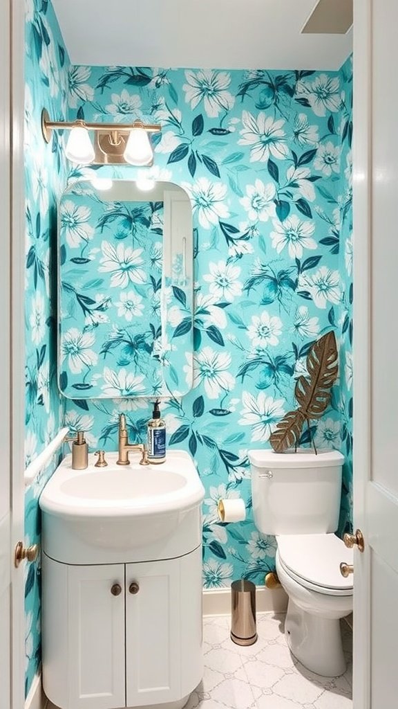 Small bathroom featuring bold aquamarine floral wallpaper with a white sink and modern fixtures