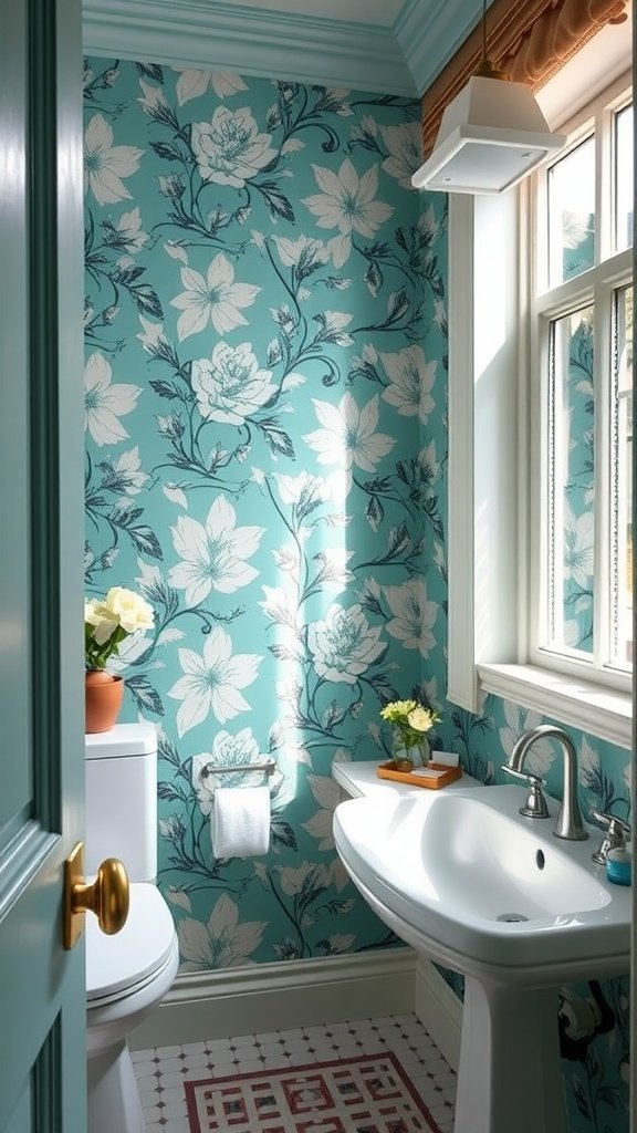 Small bathroom featuring bold aquamarine floral wallpaper with white flowers