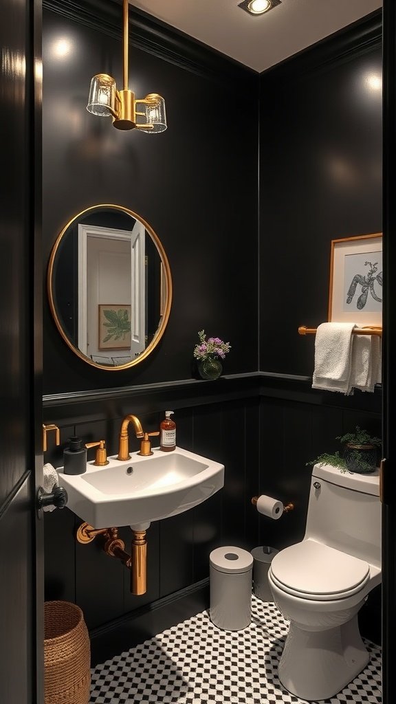 A stylish small bathroom featuring bold black walls, white fixtures, and gold accents.