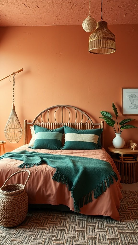Cozy terracotta bedroom with green accents, featuring a bed with terracotta bedding and green throw pillows, and natural decor elements.