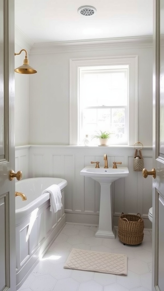 A cozy bathroom featuring Borrowed Light color by Farrow & Ball, with gold fixtures and natural light.