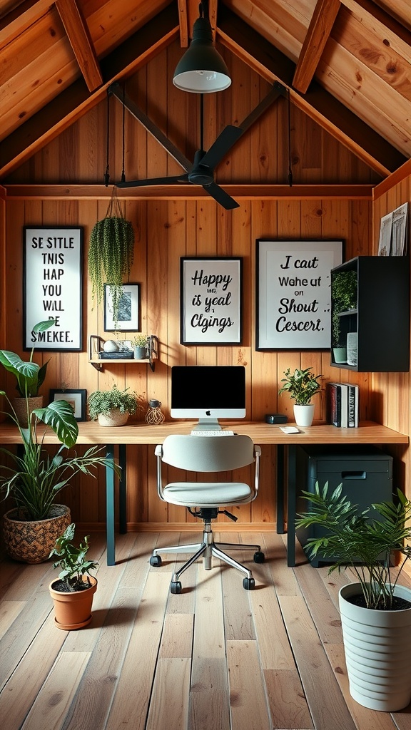 A cozy home office with wooden walls, a sleek desk, motivational wall art, and indoor plants.