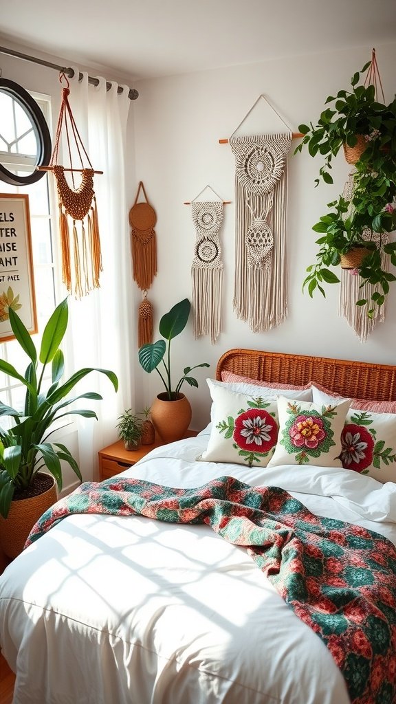 A cozy boho bedroom with a bed adorned with a colorful blanket and embroidered pillows, surrounded by plants and macramé wall hangings.