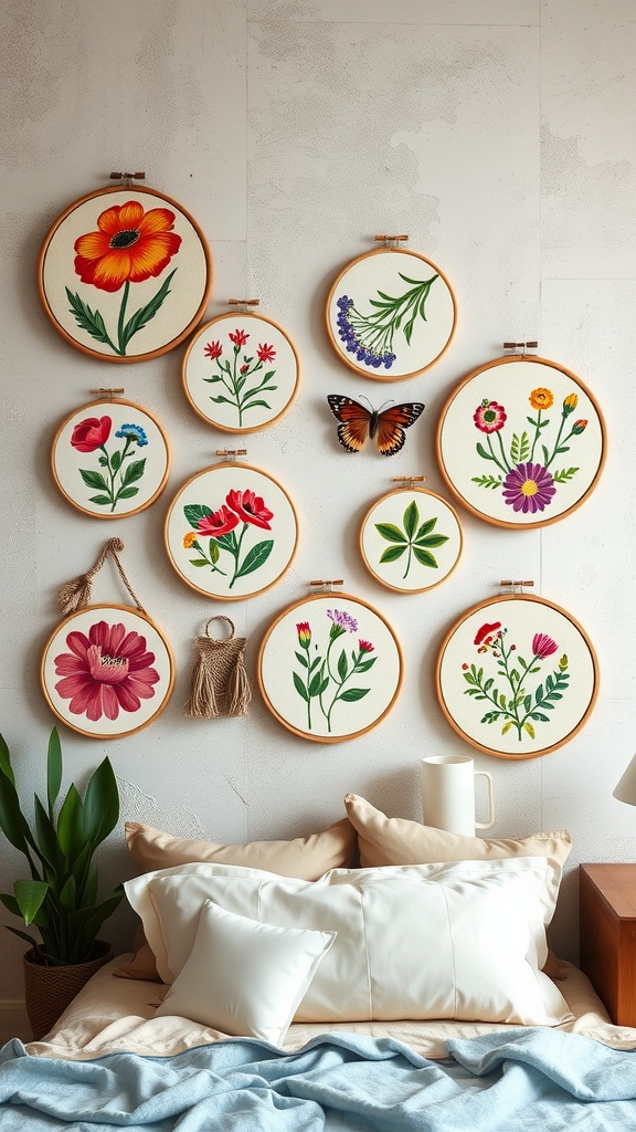 Colorful embroidered botanical hoops arranged on a wall with a butterfly.