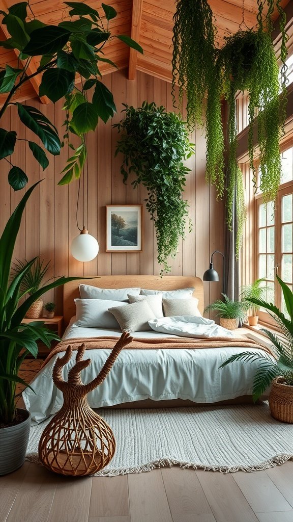 A tranquil master bedroom featuring wooden walls, lush green plants, soft bedding, and natural light.