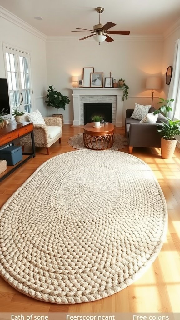 A cozy modern farmhouse living room featuring a braided rug, wooden furniture, and natural light.