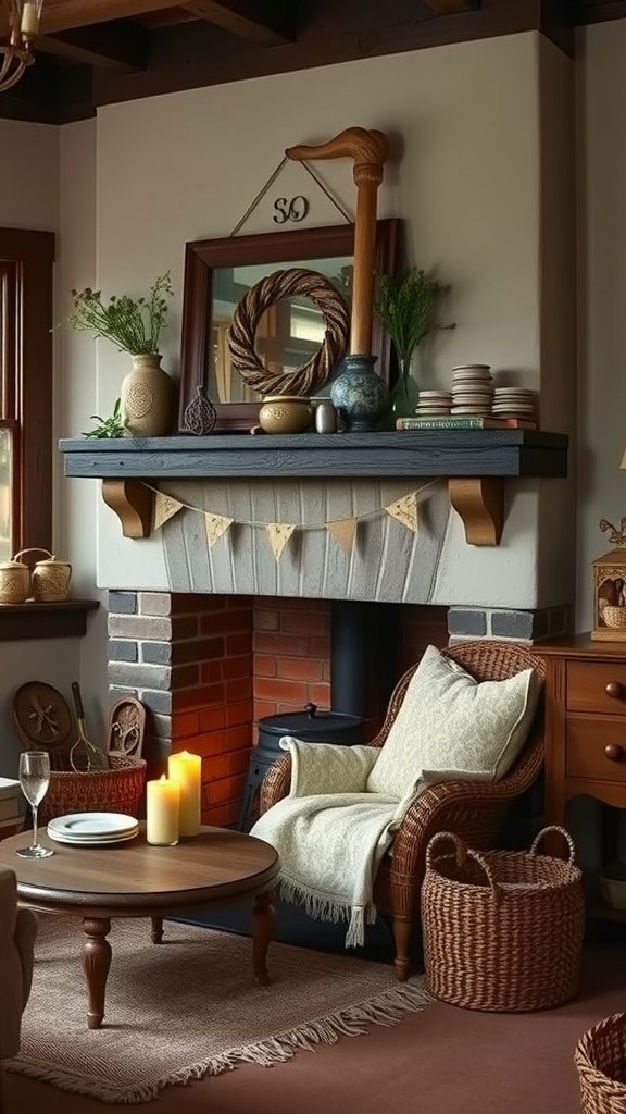 A cozy corner featuring a rustic fireplace, a wicker chair with a throw, and a wooden coffee table surrounded by woven baskets.