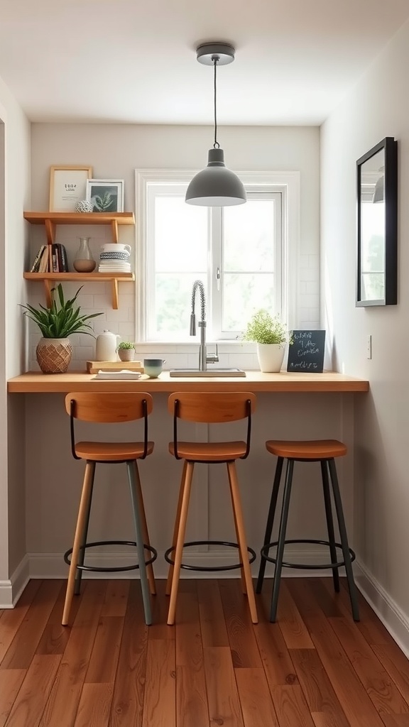 A modern breakfast bar with stools, featuring a wooden countertop, shelves, and a pendant light.